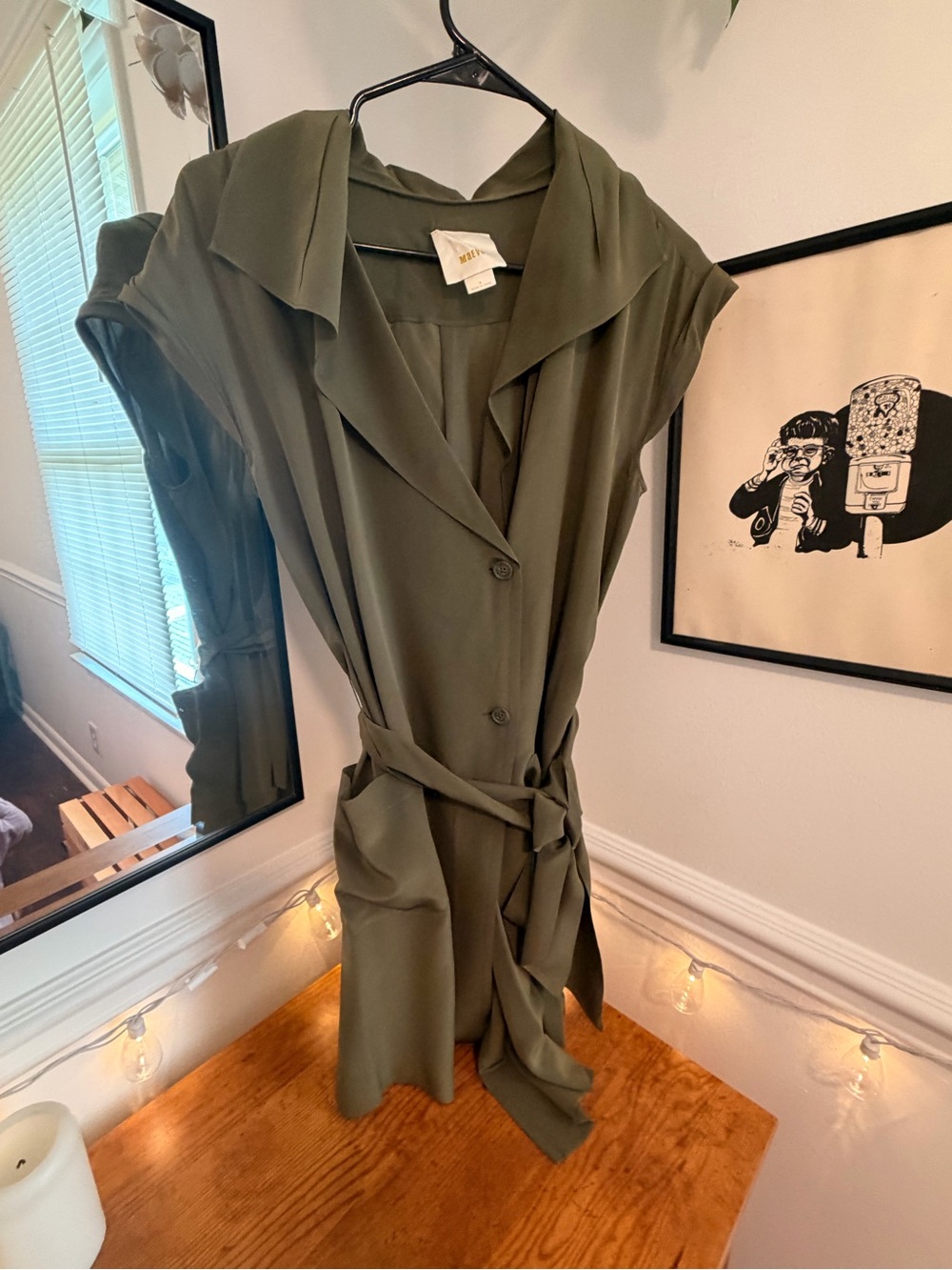 Anthropologie | Maeve Silk Olive Green Button-Front Dress with Waist Tie | 4